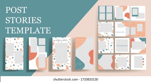 Design backgrounds for social media banner. Set of instagram  stories and post frame templates.Vector cover. Mock up for personal blog or shop.Layout for promotion.Endless square puzzle layout