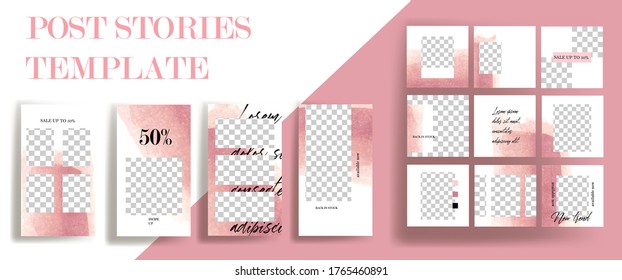 Design backgrounds for social media banner.Set of instagram stories and post frame templates.Vector cover. Mockup for personal blog or shop.Layout for promotion.Endless square puzzle.	