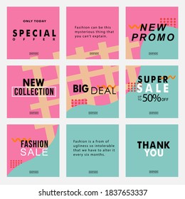 Design backgrounds for social media banner.Set of post frame templates.Vector stories cover. Mockup for personal blog or shop. Endless square puzzle layout for promotion.