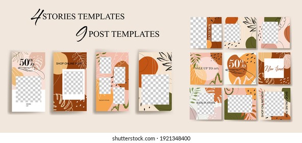  Design backgrounds for social media banner.Set of instagram stories and post frame templates.Vector cover. Mockup for personal blog or shop.Layout for promotion.Endless square puzzle.