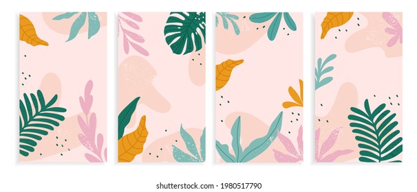 Design backgrounds for social media banner with abstract shapes and tropical leaves. Background template with space for text. Vector