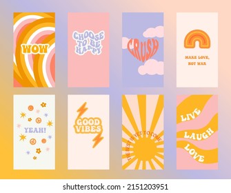 Design backgrounds for social media banner.Set of instagram stories frame templates.Vector cover. Mockup for personal blog or shop.Layout for promotion. Hippie retro vintage 70s style.