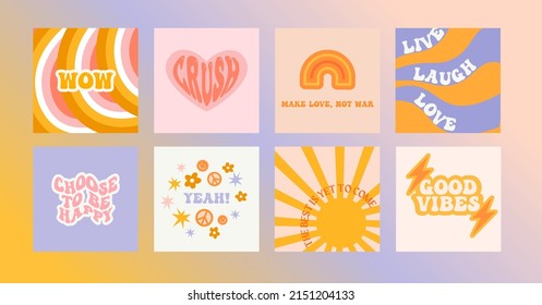 Design Backgrounds For Social Media Banner.Set Of Instagram Post Frame Templates.Vector Cover. Mockup For Personal Blog Or Shop.Layout For Promotion. Hippie Retro Vintage Stickers In 70s Style.