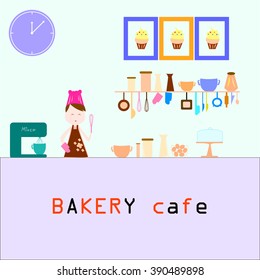 Design of Bakery counter bar with tools of bakery in background in vector illustration. Cartoon in flat style. 
