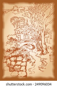 Design of the  Bakhchysarai city in the mountains. Sketch, hand drawn with ink. Engraved retro style, effect of sepia