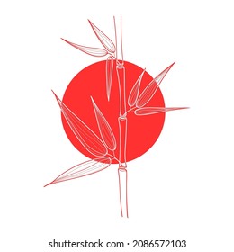 Design with Bamboo stem with leaves on coral red circle and white background. Botanical hand drawn illustration