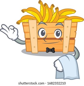 A design of banana fruit box cartoon character working as waiter