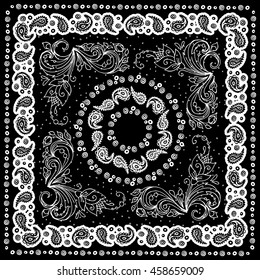 Design bandannas.Artwork for silk neck scarf.Traditional ethnic pattern paisley. Black and white vector image.Template for printing onto fabric, textiles. Paisley and flover.