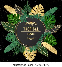 Design bannen with Green and gold tropicl leaves on dark  background, Premium card design, Luxury exotic botanical design, Wedding card, Products, Beauty, hawaiian.