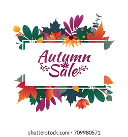 Design banner with autumn sale logo. Discount card for fall season with white frame and herb. Promotion offer with autumnal  oak plant, maple leave and flowers decoration. Vector 