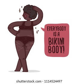 Design banner with a black girl plus-size. Illustration with a cute afro cartoon woman with overweight and stretch marks for a summer beach body. Body positive poster about the bikini body. Vector.