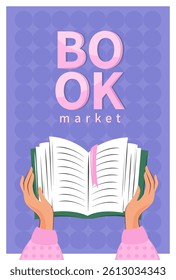 Design banner for bookstore, library, sale in bookshop. Book market. Vector illustration for poster, cover, marketing.