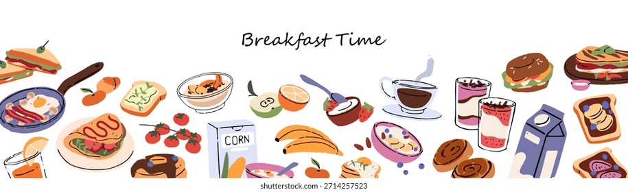 Design of banner with border of different food for breakfast. Template with frame of healthy meals, eating: fried eggs with bacon, toasts, pancakes, cereals, fruit, coffee. Flat vector illustration