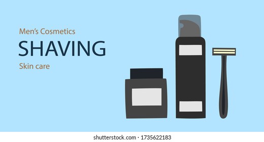 Design for banner or business card with 
shaving cosmetics and text Men's cosmetics shaving. Cosmetology and dermatology concept. Hand drawn vector Illustration.