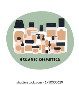 Design for banner or card with empty and clean containers: bottles, spray, cream jar, tube and text Organic cosmetics. Cosmetology and dermatology concept. Hand drawn vector Illustration.