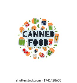 Design for banner or card with jars for pickling vegetables and fruits. Canned food text.  Fermented food. Vegetarian food concept. Conservation of harvest.