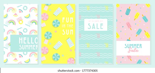 Design banner and card for summer season. Abstract geometric background with summer fruit, tropical leafs and beach scene. summer sale and summer text on modern texture backdrop. Vector illustration