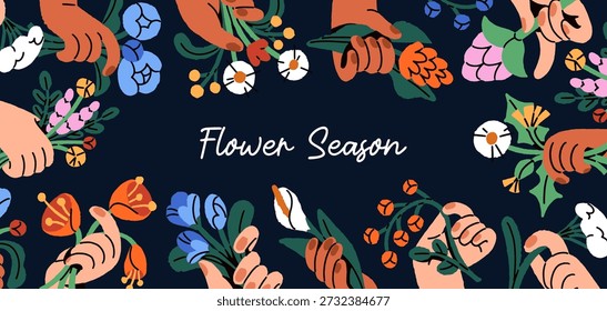 Design of banner with circle border from different flowers in hands. Festive template of round frame from diverse arms holding blooming bouquets and posies of wildflowers. Flat vector illustration