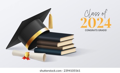 Design of banner for Class of 2024. 3d graduation cap, books, and graduation scroll. Congratulations graduates 2024. Vector illustration for decoration social media, banner, poster, degree ceremony.