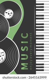 Design banner for cover album, concert or festival, music events, invitation, advertising. Musical poster with vinyl record and Piano. 