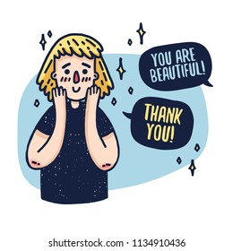 Design a banner with a cute blonde girl. A poster with a cartoon character of a woman receiving a compliment. A beautiful face with emotions of joy and embarrassment. Vector.