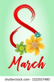 Design of a banner, flyer or greeting card for 8 march (Women's Day). Number 8 with shadow and congratulatory inscription