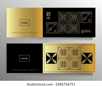 Design for a banner, flyer, poster, brochure, booklet, book. Set of vector geometric patterns. Color black with gold. The format is elongated horizontal.