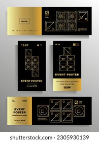 Design for a banner, flyer, poster, brochure, booklet, book. Set of vector geometric patterns. Color black with gold. The format is stretched.