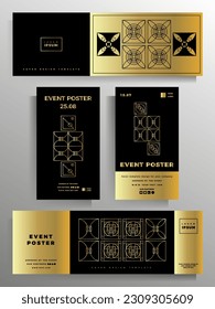 Design for a banner, flyer, poster, brochure, booklet, book. Set of vector geometric patterns. Color black with gold. The format is stretched.