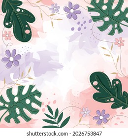 	
Design banner frame background with beautiful. background for design. Colorful background with tropical plants. Place for your text.