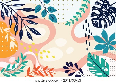Design banner frame background with beautiful. background for design. Colorful background with tropical plants. Place for your text.	