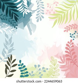 Diseño del fondo del marco de la pancarta.Colorida ilustración vectorial de fondo de afiches.Plantas exóticas, ramas, arte impreso para belleza, moda y productos naturales, wellness, boda y evento.