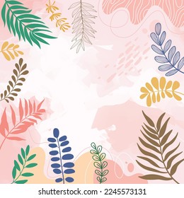 Diseño del fondo del marco de la pancarta.Colorida ilustración vectorial de fondo de afiches.Plantas exóticas, ramas, arte impreso para belleza, moda y productos naturales, wellness, boda y evento.	