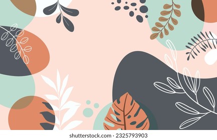 Diseño del fondo del marco de la pancarta.Colorida ilustración vectorial de fondo de afiches.Plantas exóticas, ramas, arte impreso para belleza, moda y productos naturales, wellness, boda y evento.