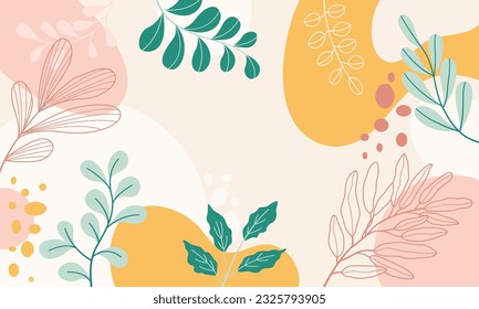 Diseño del fondo del marco de la pancarta.Colorida ilustración vectorial de fondo de afiches.Plantas exóticas, ramas, arte impreso para belleza, moda y productos naturales, wellness, boda y evento.