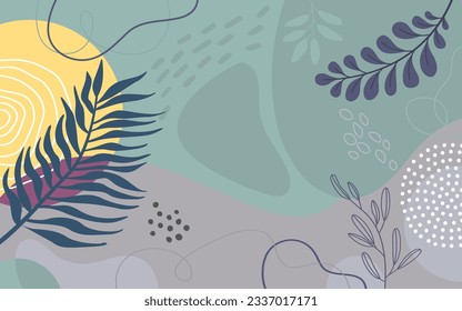 Diseño del fondo del marco de la pancarta.Colorida ilustración vectorial de fondo de afiches.Plantas exóticas, ramas, arte impreso para belleza, moda y productos naturales, wellness, boda y evento.