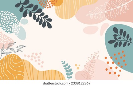 Diseño del fondo del marco de la pancarta.Colorida ilustración vectorial de fondo de afiches.Plantas exóticas, ramas, arte impreso para belleza, moda y productos naturales, wellness, boda y evento.