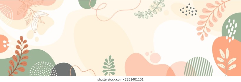 Diseño del fondo del marco de la pancarta.Colorida ilustración vectorial de fondo de afiches.Plantas exóticas, ramas, arte impreso para belleza, moda y productos naturales, wellness, boda y evento.