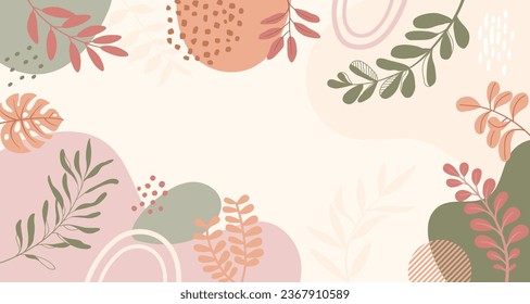 Diseño del fondo del marco de la pancarta.Colorida ilustración vectorial de fondo de afiches.Plantas exóticas, ramas, arte impreso para belleza, moda y productos naturales, wellness, boda y evento.