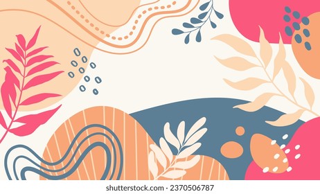 Diseño del fondo del marco de la pancarta.Colorida ilustración vectorial de fondo de afiches.Plantas exóticas, ramas, arte impreso para belleza, moda y productos naturales, wellness, boda y evento.