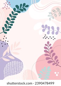 Diseño del fondo del marco de la pancarta.Colorida ilustración vectorial de fondo de afiches.Plantas exóticas, ramas, arte impreso para belleza, moda y productos naturales, wellness, boda y evento.