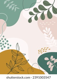 Diseño del fondo del marco de la pancarta.Colorida ilustración vectorial de fondo de afiches.Plantas exóticas, ramas, arte impreso para belleza, moda y productos naturales, wellness, boda y evento.