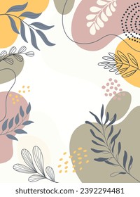 Diseño del fondo del marco de la pancarta.Colorida ilustración vectorial de fondo de afiches.Plantas exóticas, ramas, arte impreso para belleza, moda y productos naturales, wellness, boda y evento.