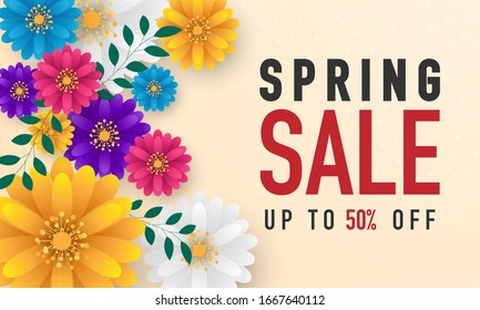 Design banner frame flower Spring sale background with beautiful. Vector illustration template banners.