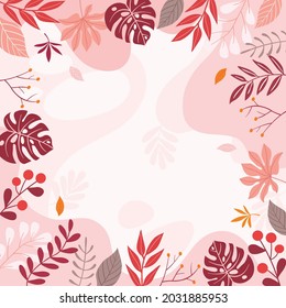 Design banner frame flower Spring background with beautiful. flower background for design. Colorful background with tropical plants. Place for your text.