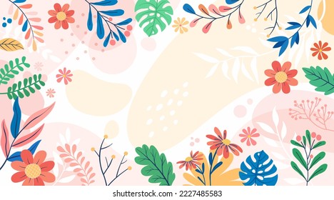 Design banner frame flower Spring background with beautiful. flower background for design. Colorful background with tropical plants. Place for your text.