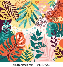 Design banner frame flower Spring background with beautiful. flower background for design. Colorful background with tropical plants.