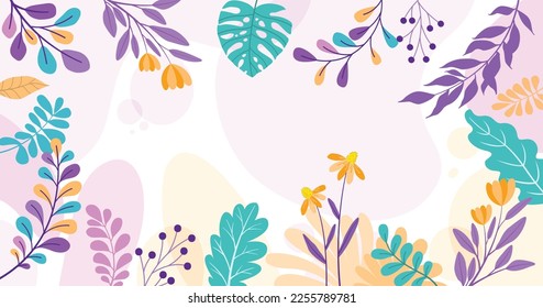 Design banner frame flower Spring background with beautiful. flower background for design. Colorful background with tropical plants.