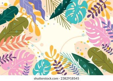 Design banner frame flower Spring background with beautiful. flower background for design. Colorful background with tropical plants. Place for your text.