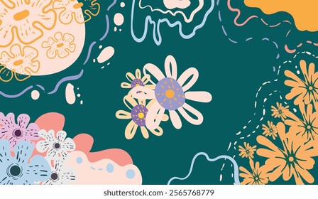 Design banner frame flower Spring background with beautiful. flower background for design. Colorful background with tropical plants. Place for your text.